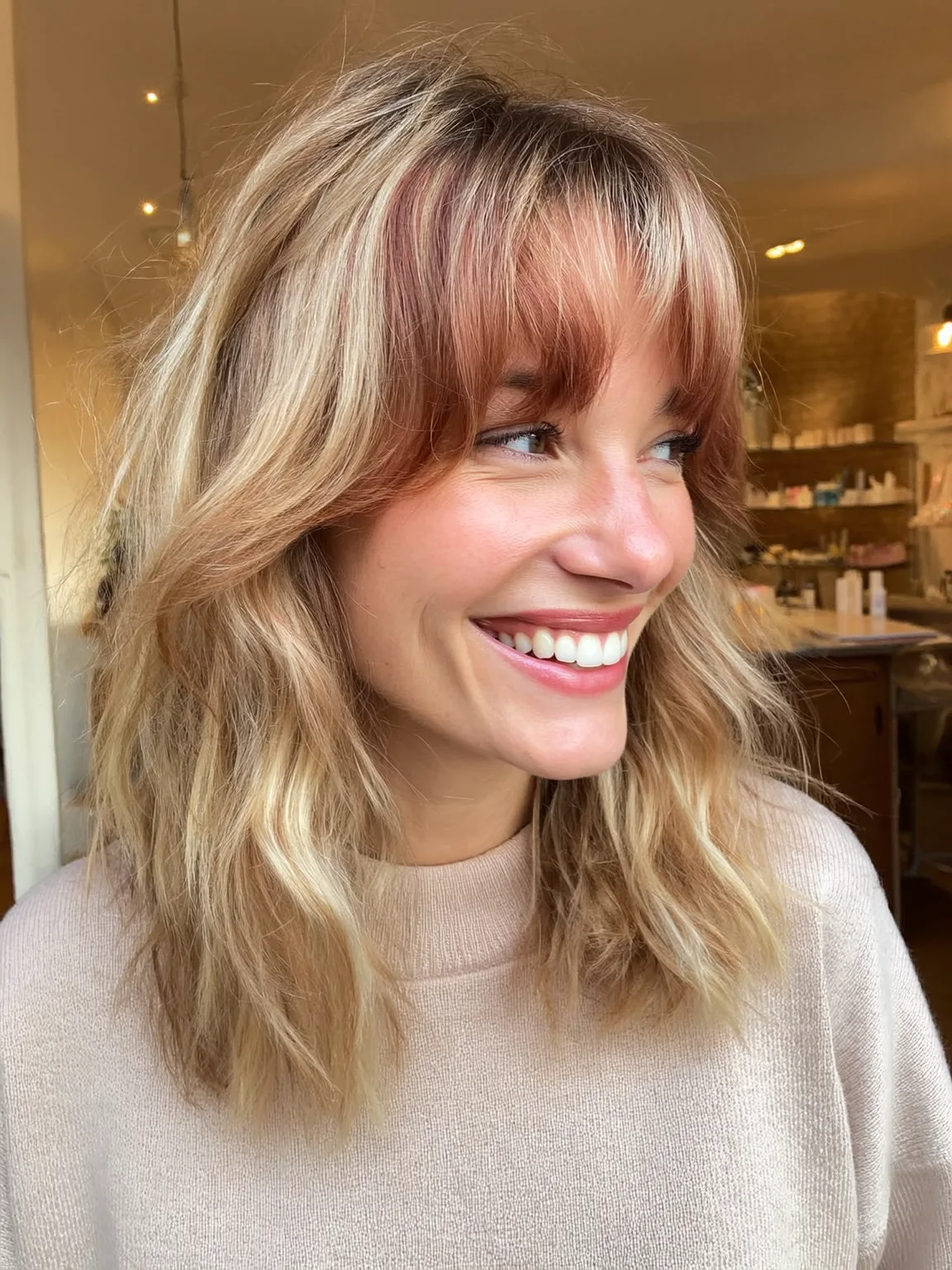 Shoulder-Length Layers with Curtain Bangs in Caramel Blonde